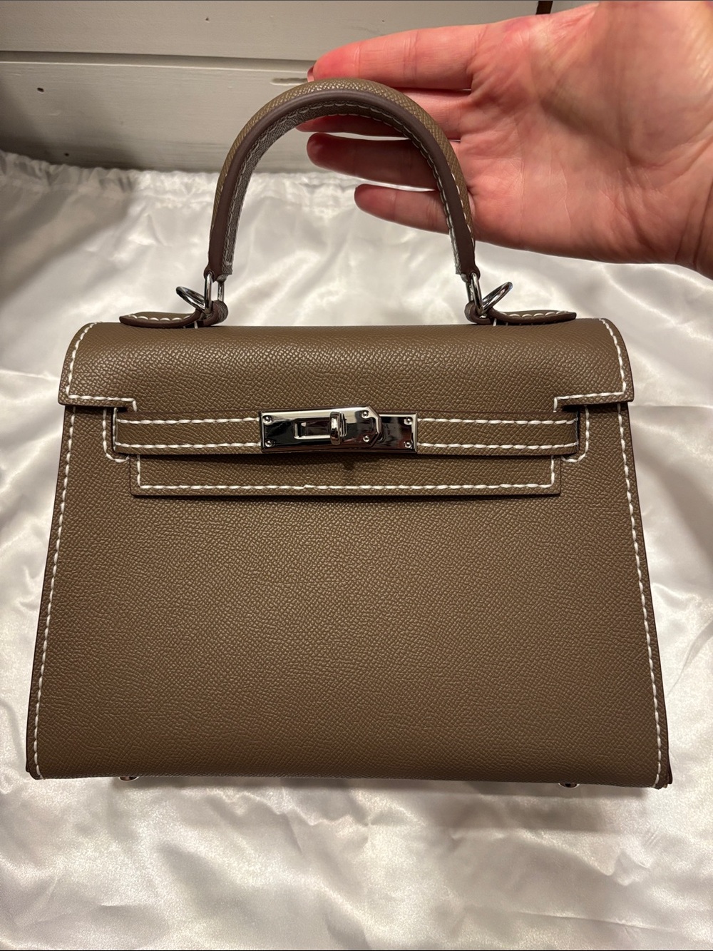 Leather Satchel Bag in Taupe - Picture 2 of 6